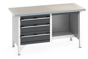 Bott Cubio Storage Workbench 1500mm wide x 750mm Deep x 840mm high supplied with a Linoleum worktop (particle board core with grey linoleum surface and plastic edgebanding), 3 x Drawers (1 x 200mm & 2 x 150mm high)  and 1 x open section with... 1500mm Wide Storage Benches